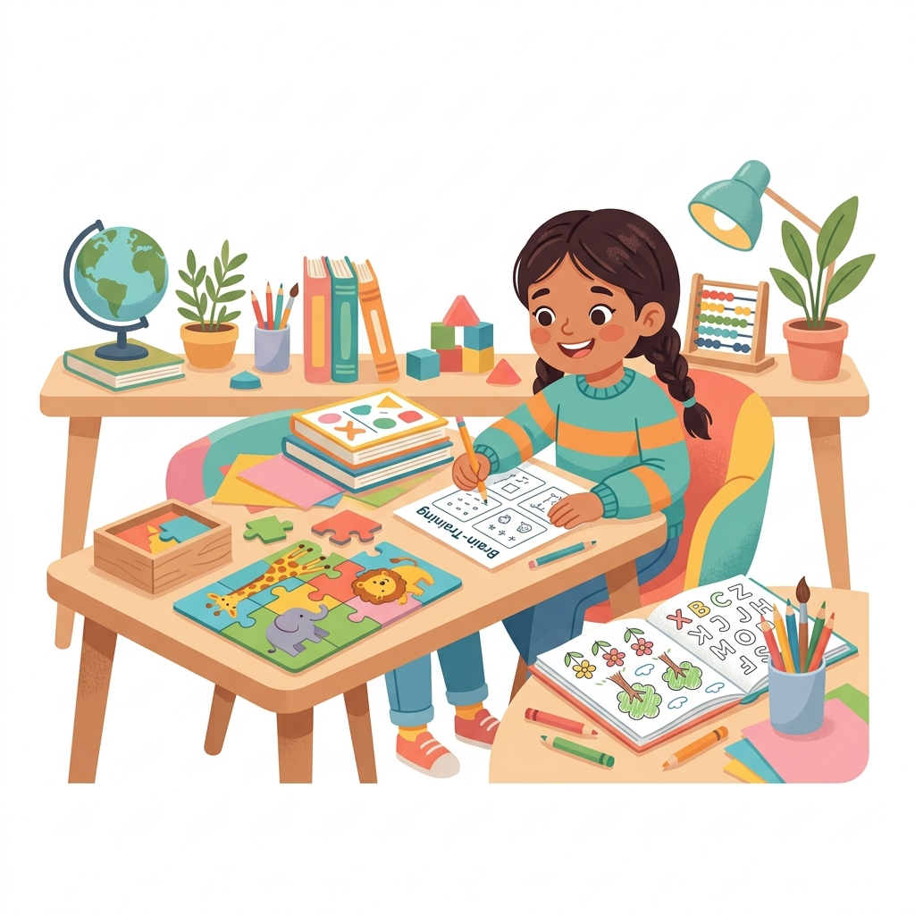 Criança realizando atividades pedagógicas em mesa colorida